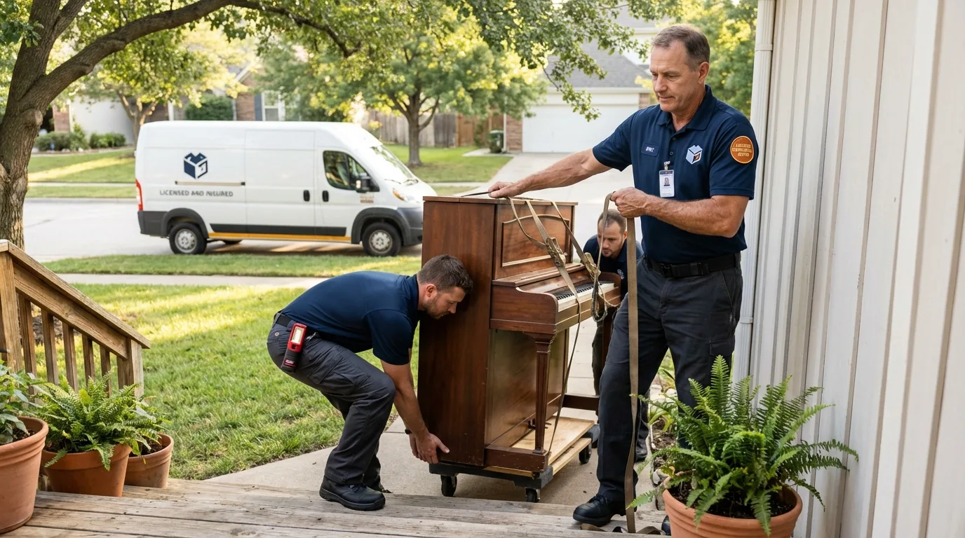 Licensed piano movers securing grand piano in Clinton, LA