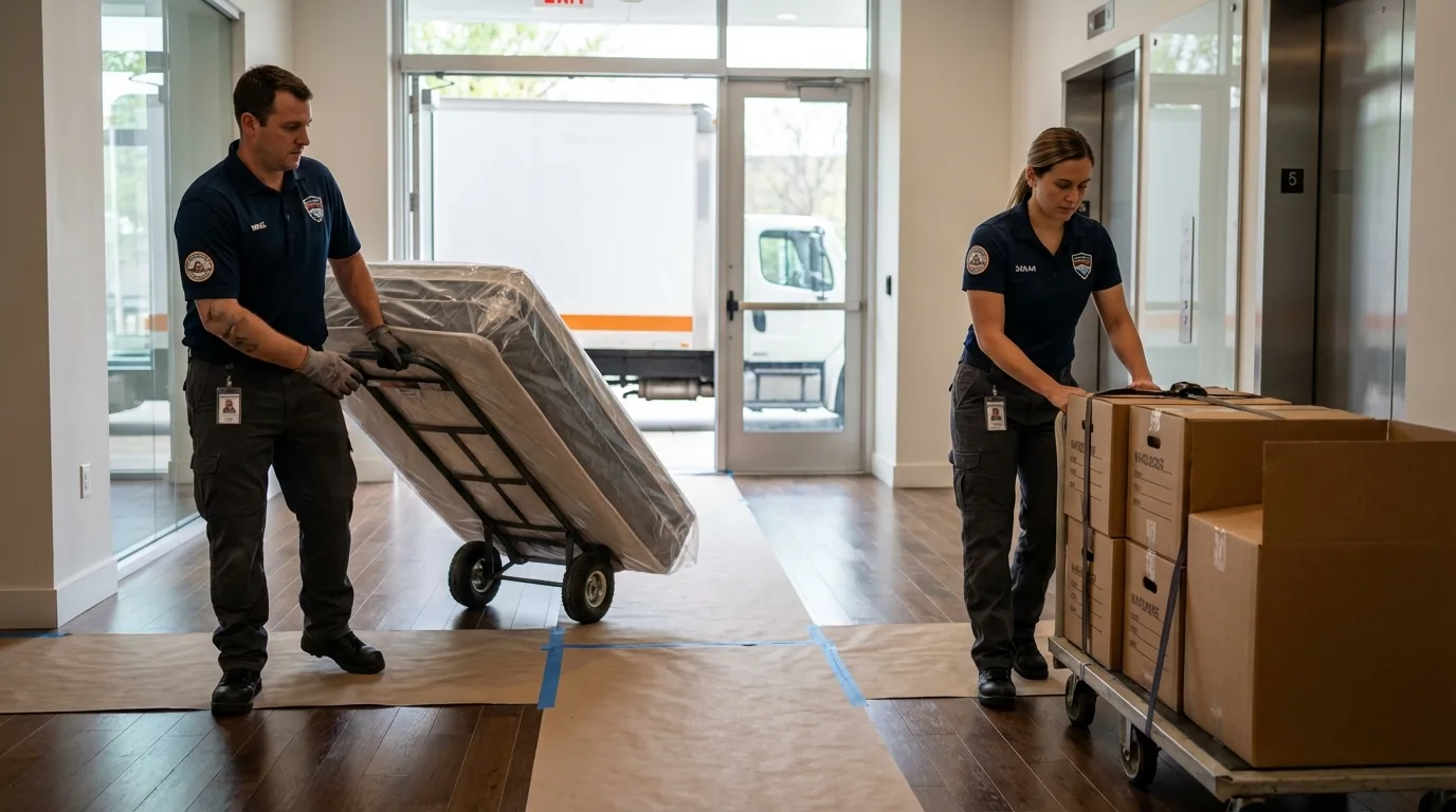 Professional apartment movers loading elevator in Clinton, LA